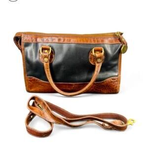 Brahmin Tuscan Black/Brown Croc Embossed Leather Handbag Crossbody Strap Vintage